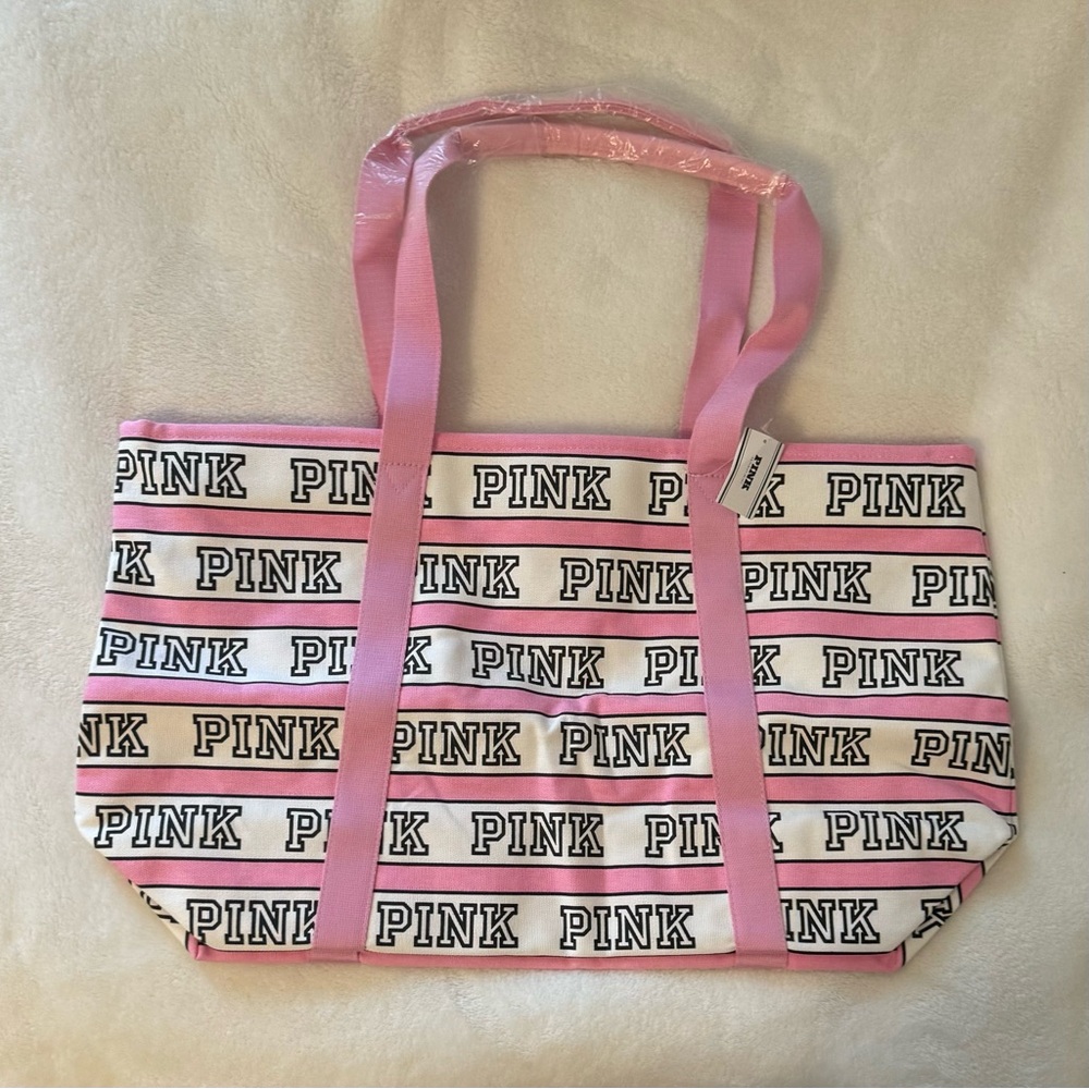 PINK Victoria's Secret Striped Pink and White Logo Tote